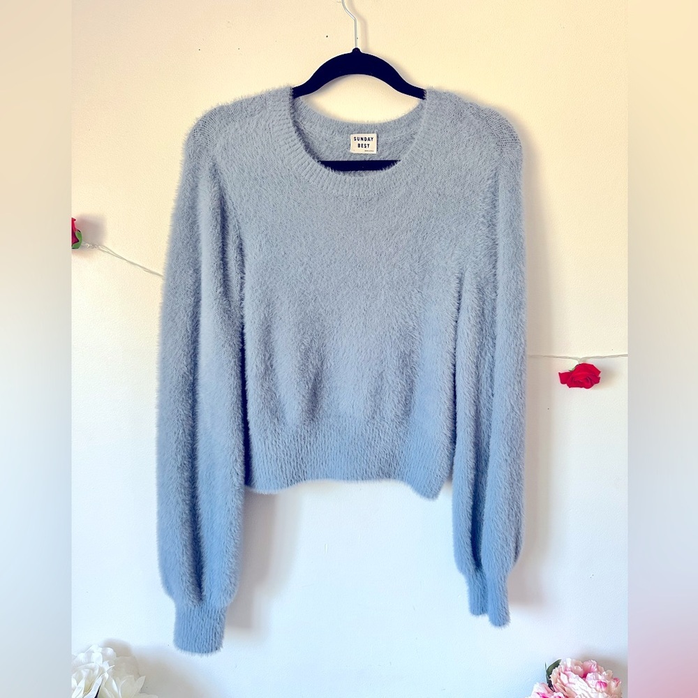 Aritzia Sunday Best kitten Sweater baby blue fuzzy womens L - Picture 6 of 13